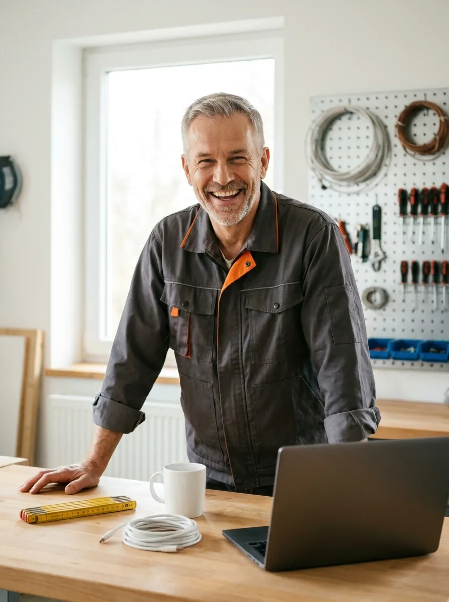 Successful master tradesman laughing in his tidy workshop, his open laptop in front of him
