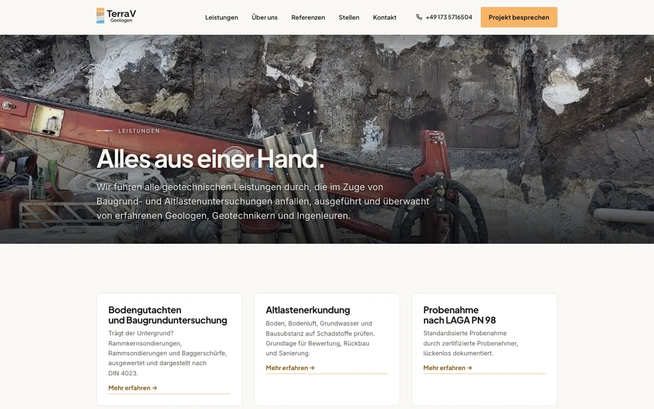 Services overview on terrav.de with the three core services