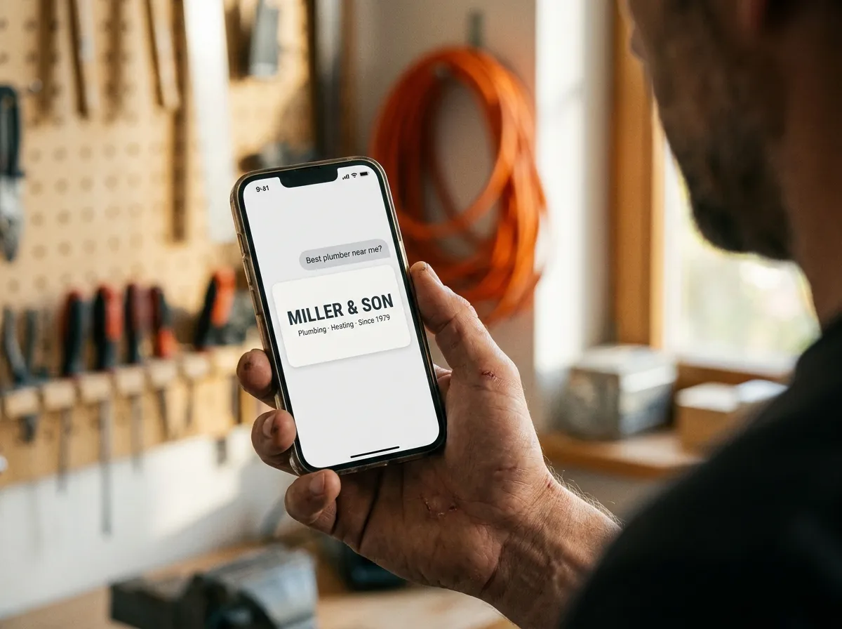 Smartphone with an AI chat recommending a trade company