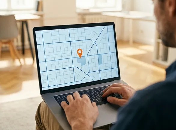 Laptop with a map view and a highlighted location