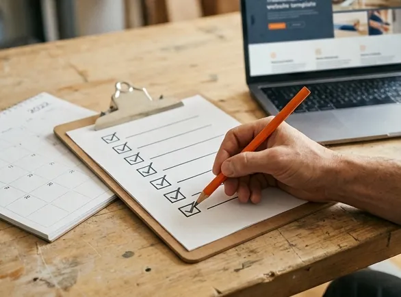 Completed checklist on a clipboard next to a laptop
