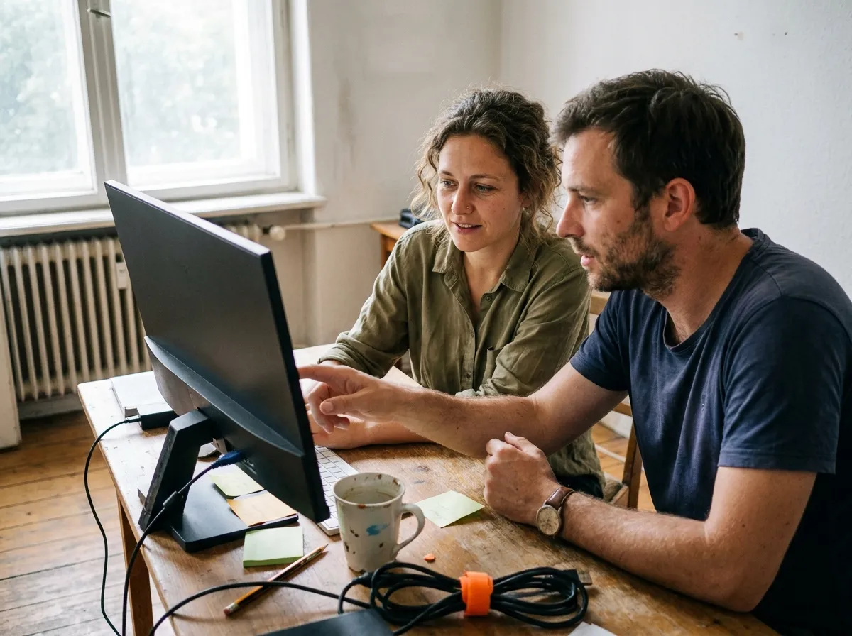 Two web professionals working together at a monitor in an old-building studio