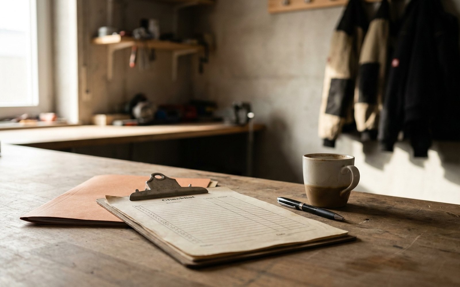 Clipboard holding a checklist on a desk, a pen and an orange folder beside it