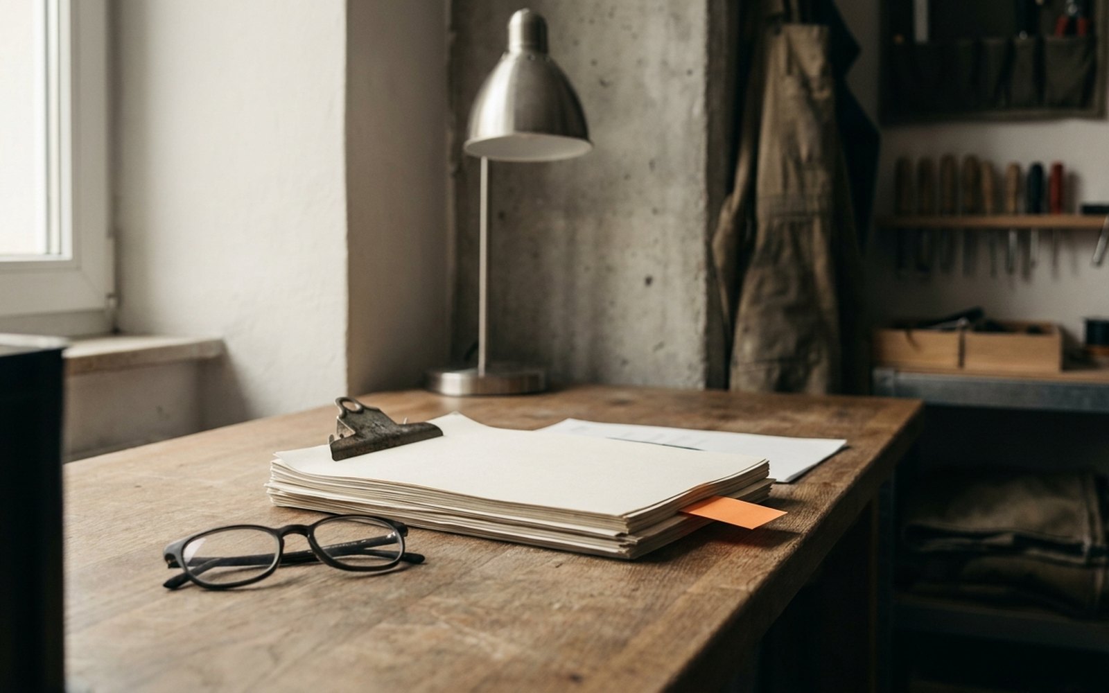 Clipped stack of papers on a wooden desk, an orange sticky note marking one page