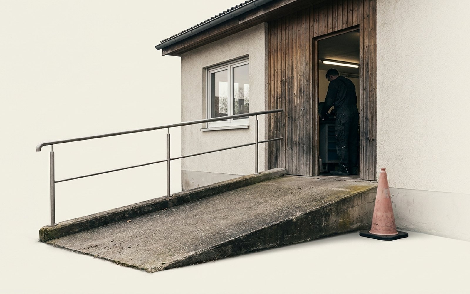 Concrete ramp with a handrail leading to a workshop side entrance, an orange traffic cone beside it