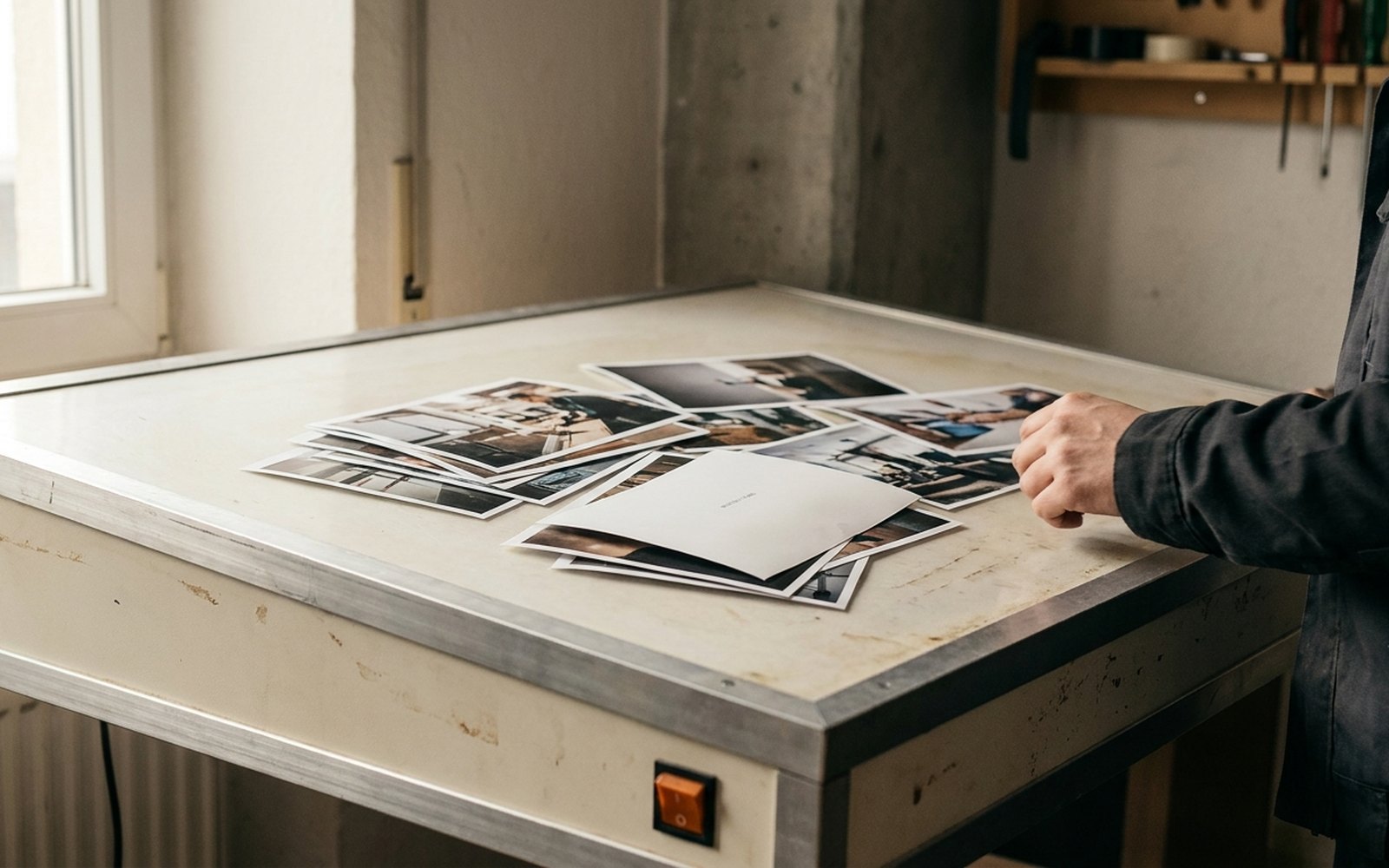 Printed photographs spread across a light table, one of them turned face down