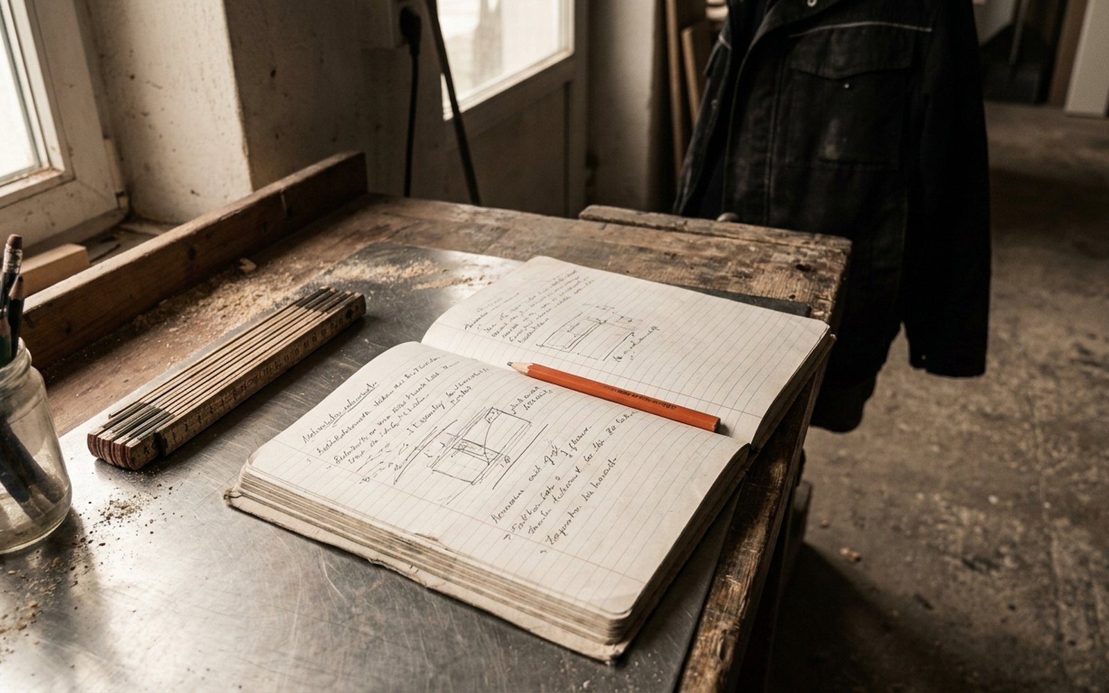 Open notebook with handwriting on a workbench, a folding rule and a jar of pencils beside it
