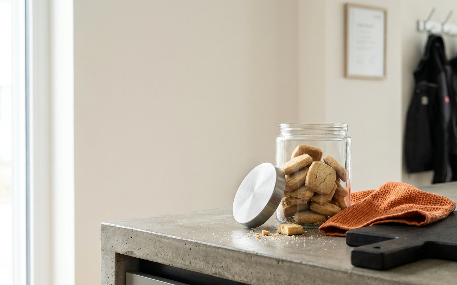 Open cookie jar on the counter of a company break room, an orange dish towel beside it