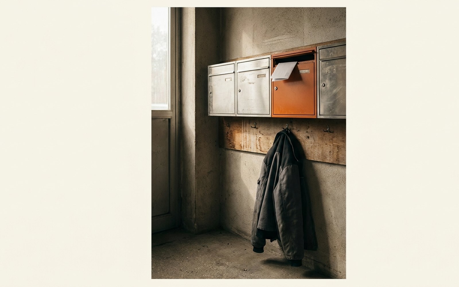 Row of mailboxes on a commercial building, one door standing open, one box painted orange