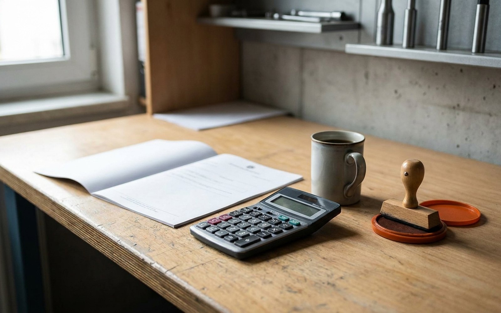 Official form on a desk beside a calculator, a cup and a rubber stamp on its orange ink pad