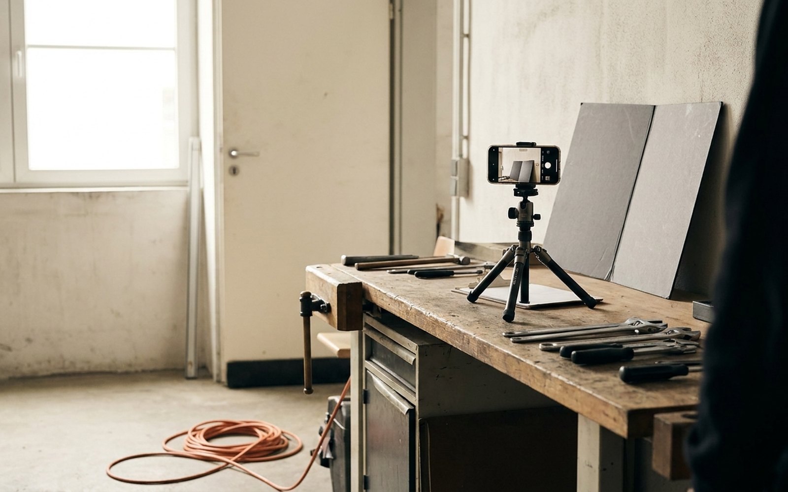 Smartphone on a small tripod facing a workbench, a reflector behind it and an orange cable on the floor