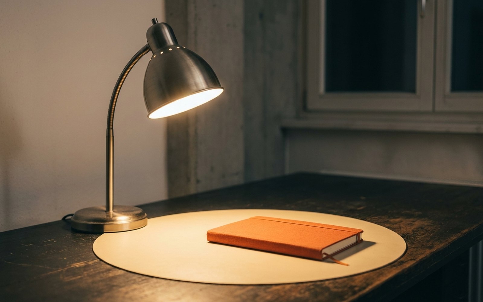 Desk lamp casting a circle of light on a dark desk, an orange notebook inside the lit area