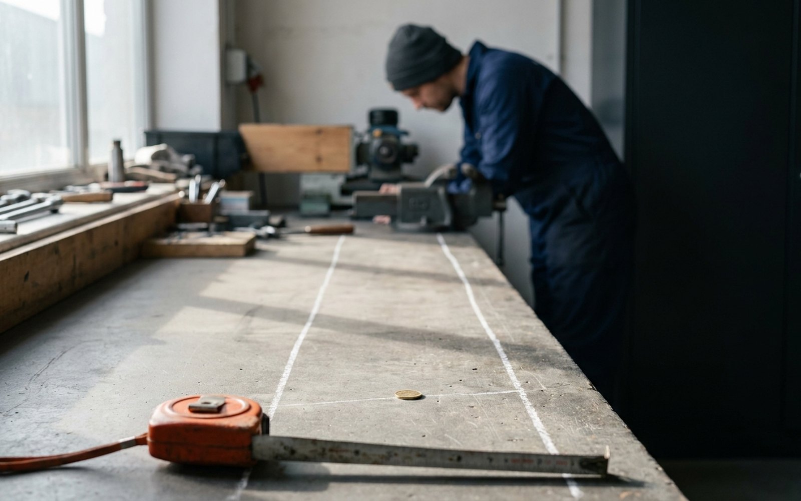 Two chalk lines on a workshop floor, a coin lying on one of them, an orange tape measure in front