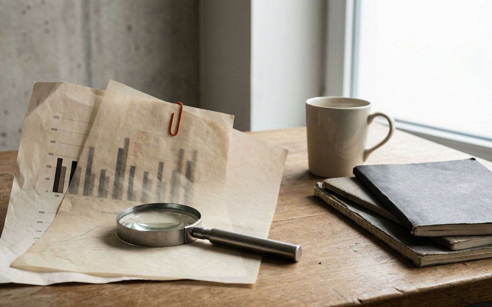 Printed bar chart under tracing paper on a desk, a magnifying glass on top, held by an orange paper clip