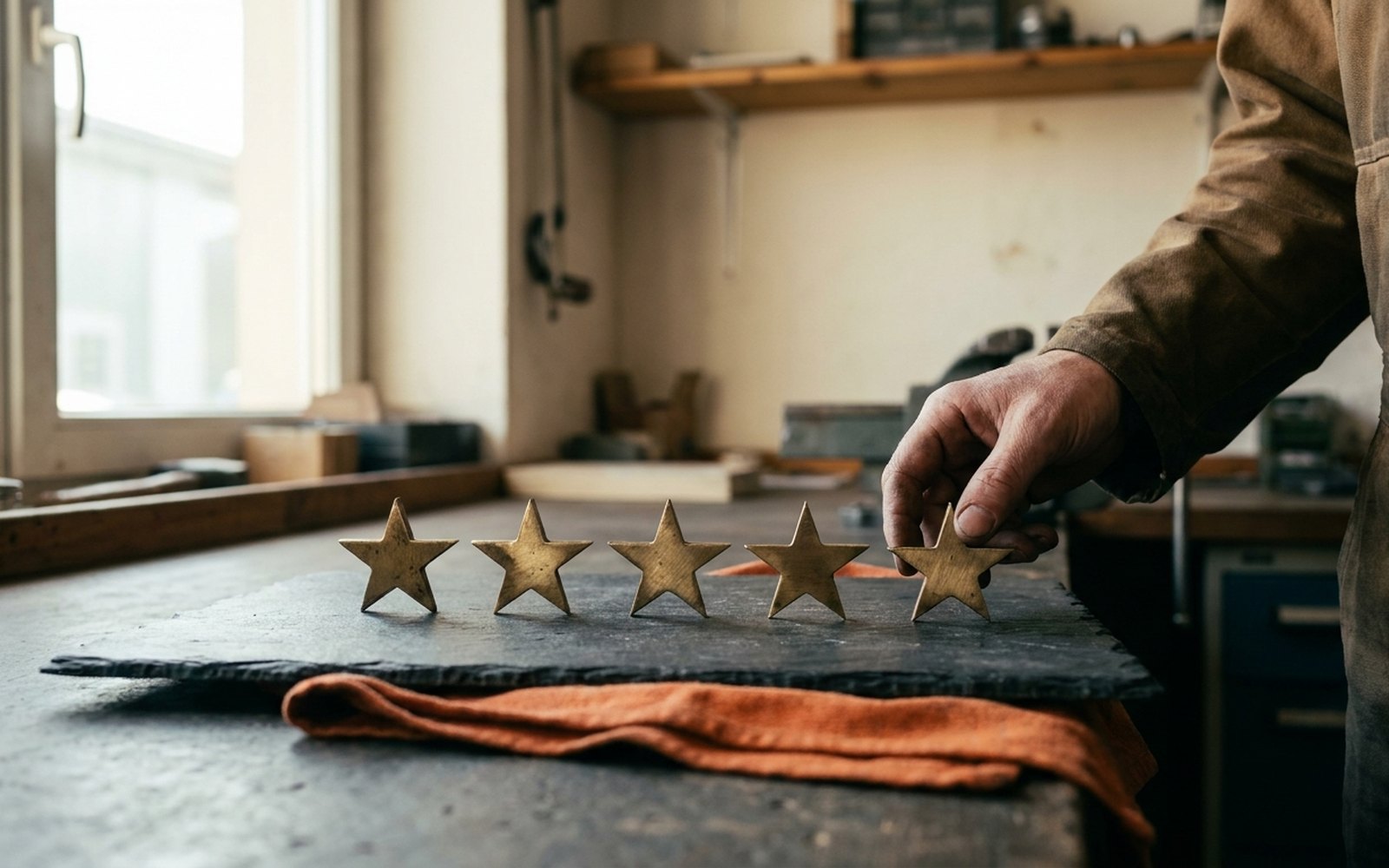 Five brass stars in a row on dark slate, one of them just being placed by hand