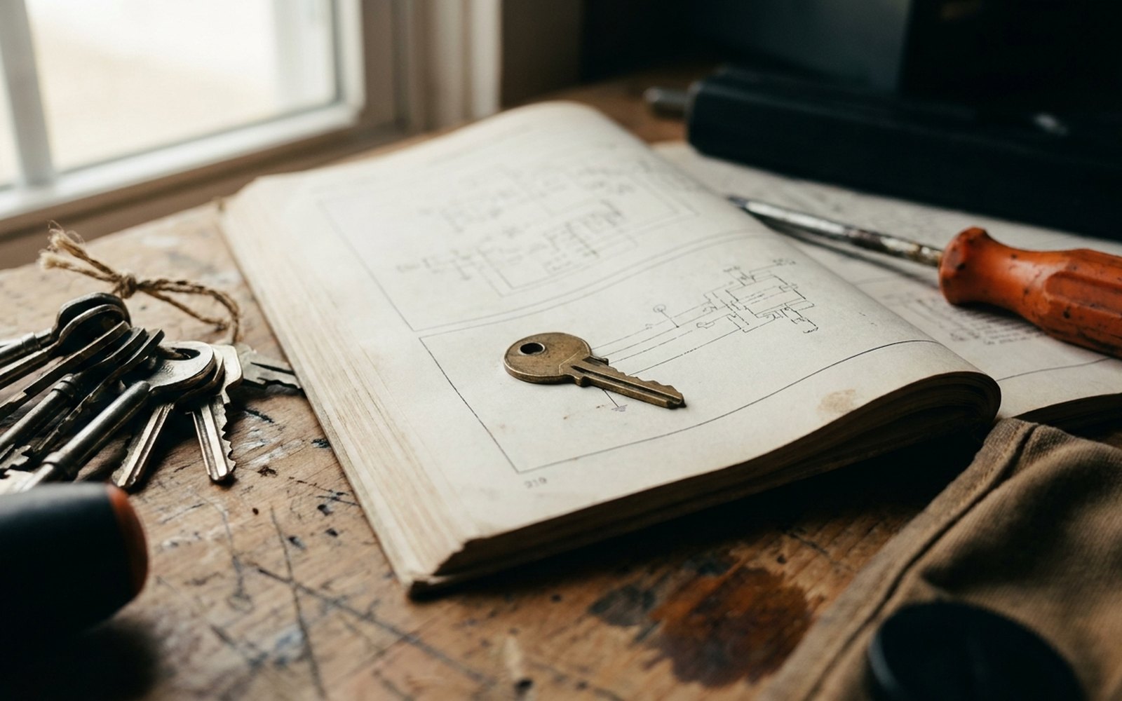 Small brass key on the open page of a technical manual, a bunch of keys beside it