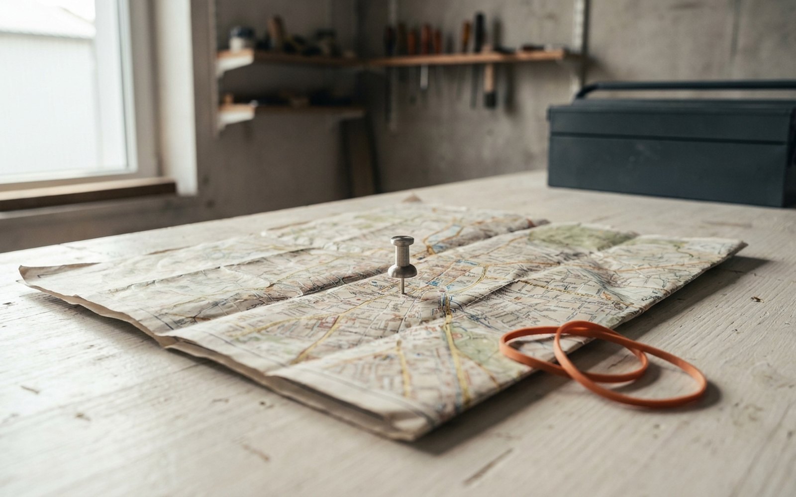 Metal pin stuck into a creased street map on a table, an orange rubber band at the corner