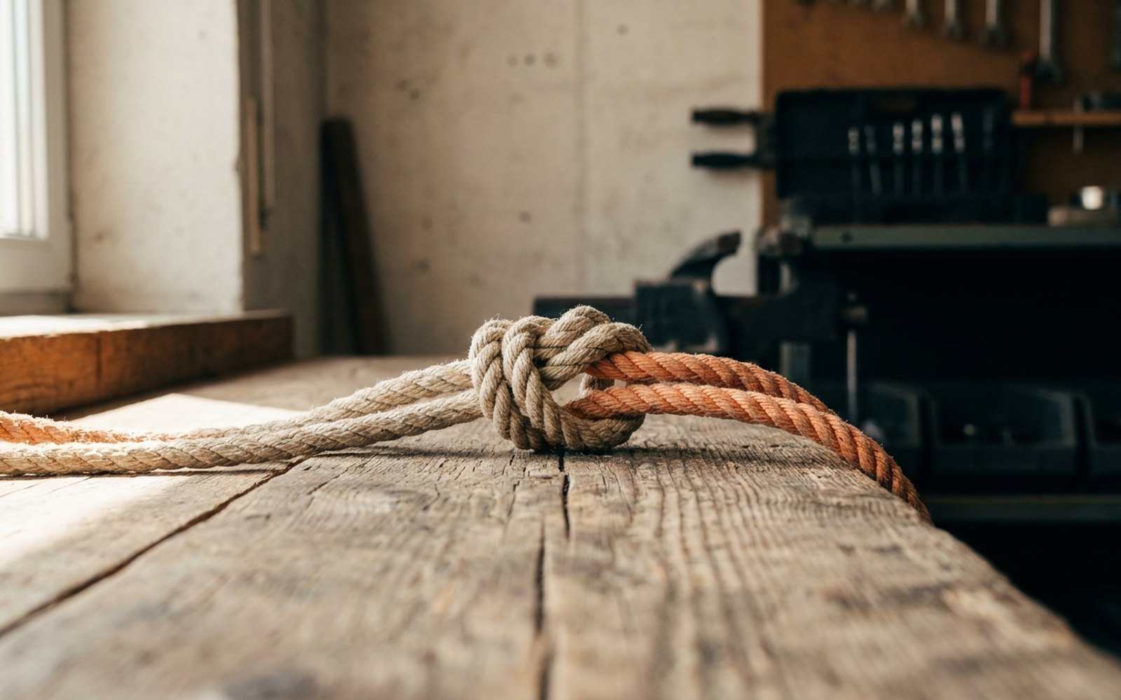 Two ropes joined by a firm knot on a weathered wooden plank, one of them dyed orange