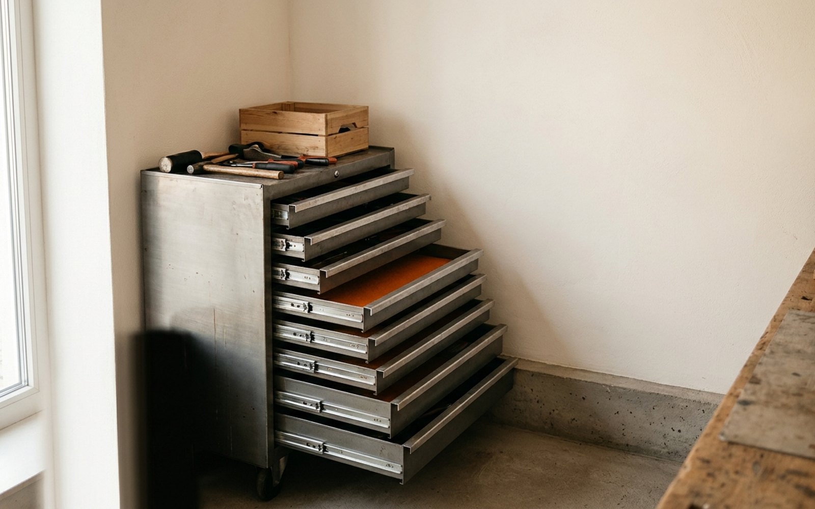 Metal workshop cabinet with seven drawers pulled out to different depths, one lined with orange felt