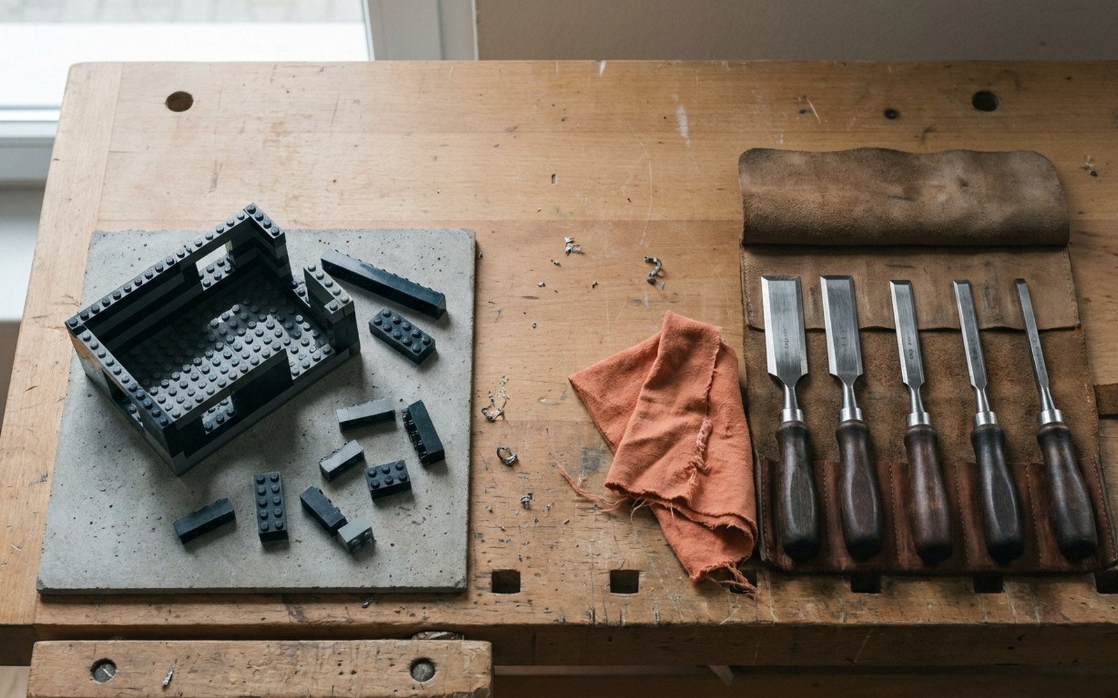 Building blocks on the left of a table, joinery chisels on the right, an orange rag between them