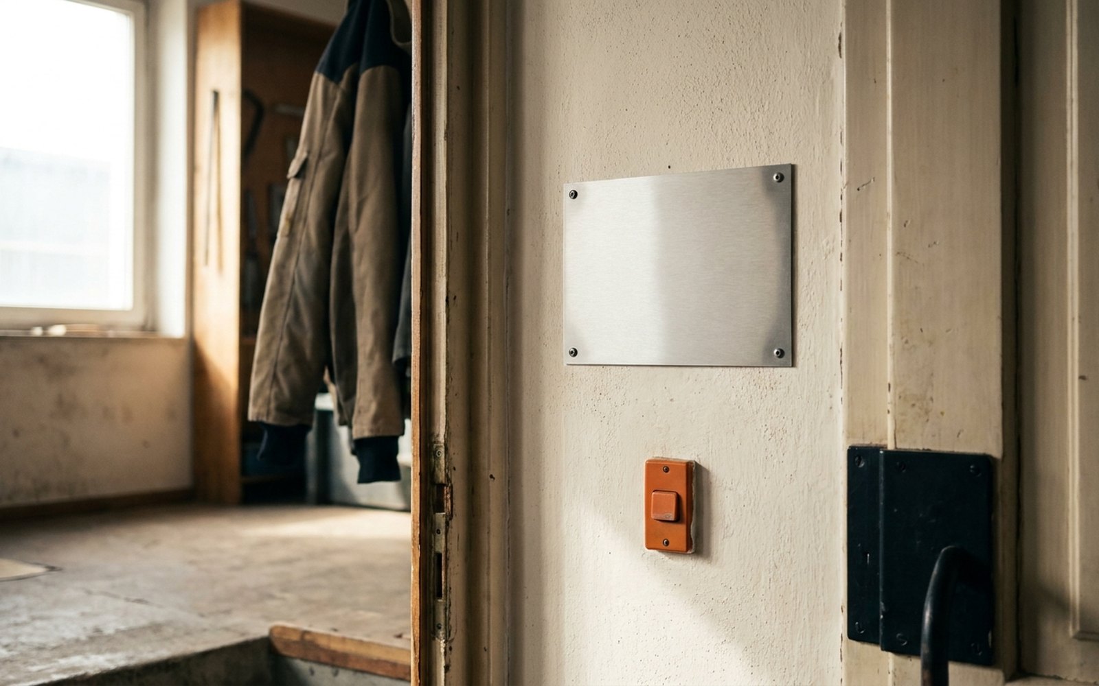 Blank metal company plaque on a plastered wall beside a door, an orange doorbell button below it