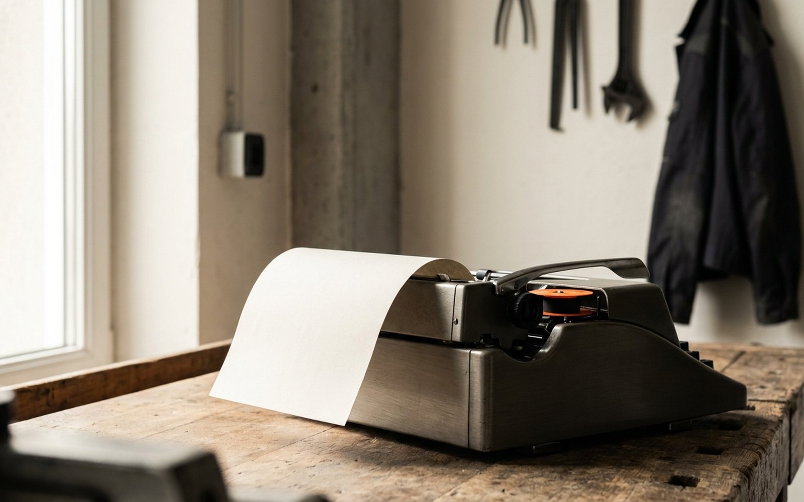 Blank sheet of paper in an old typewriter on a desk, an orange ribbon spool on the machine