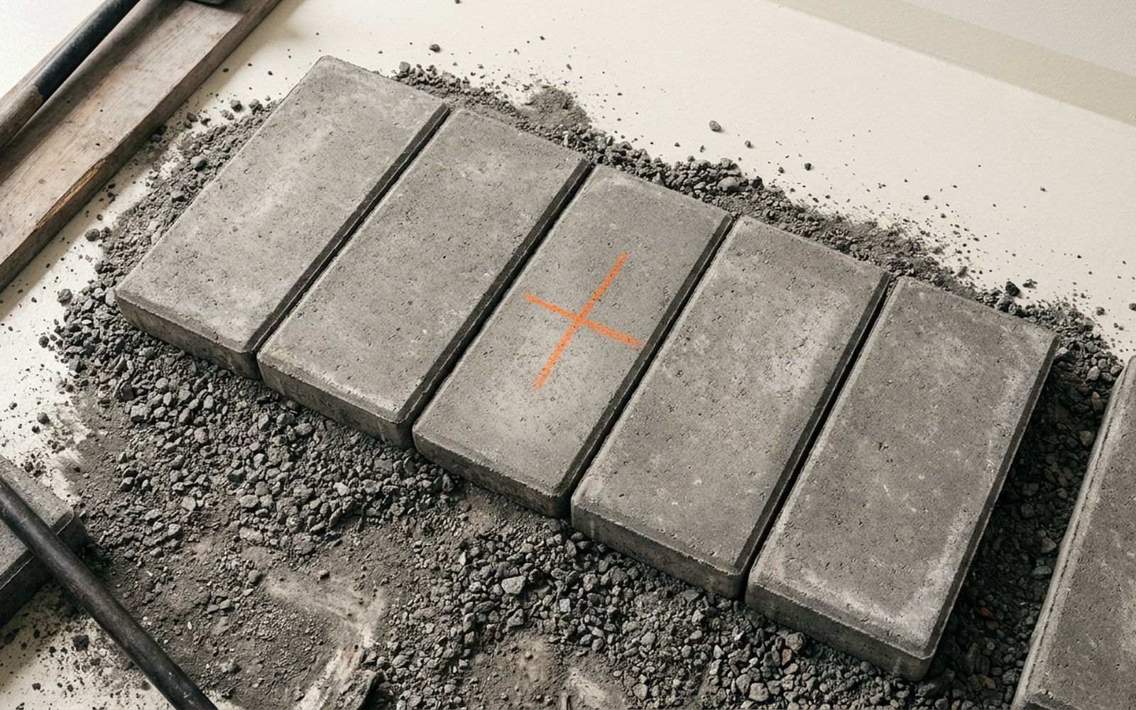 Row of identical paving slabs on gravel, one of them carrying an orange chalk mark