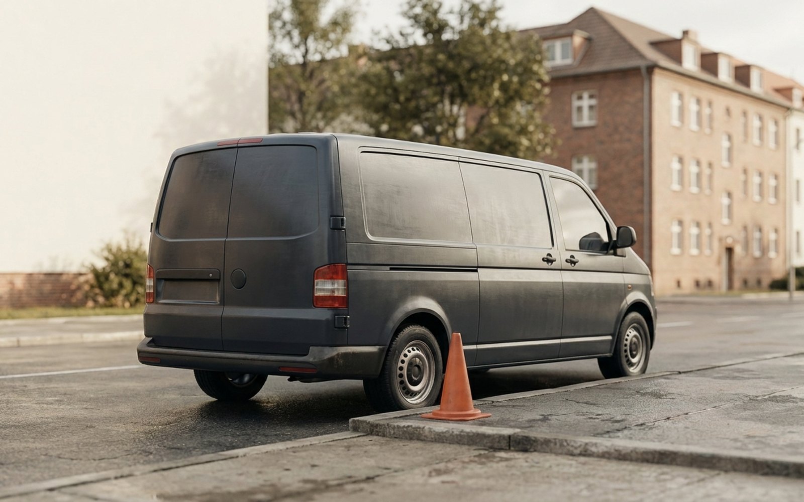 Work van seen from behind in a residential street, an orange traffic cone at the curb