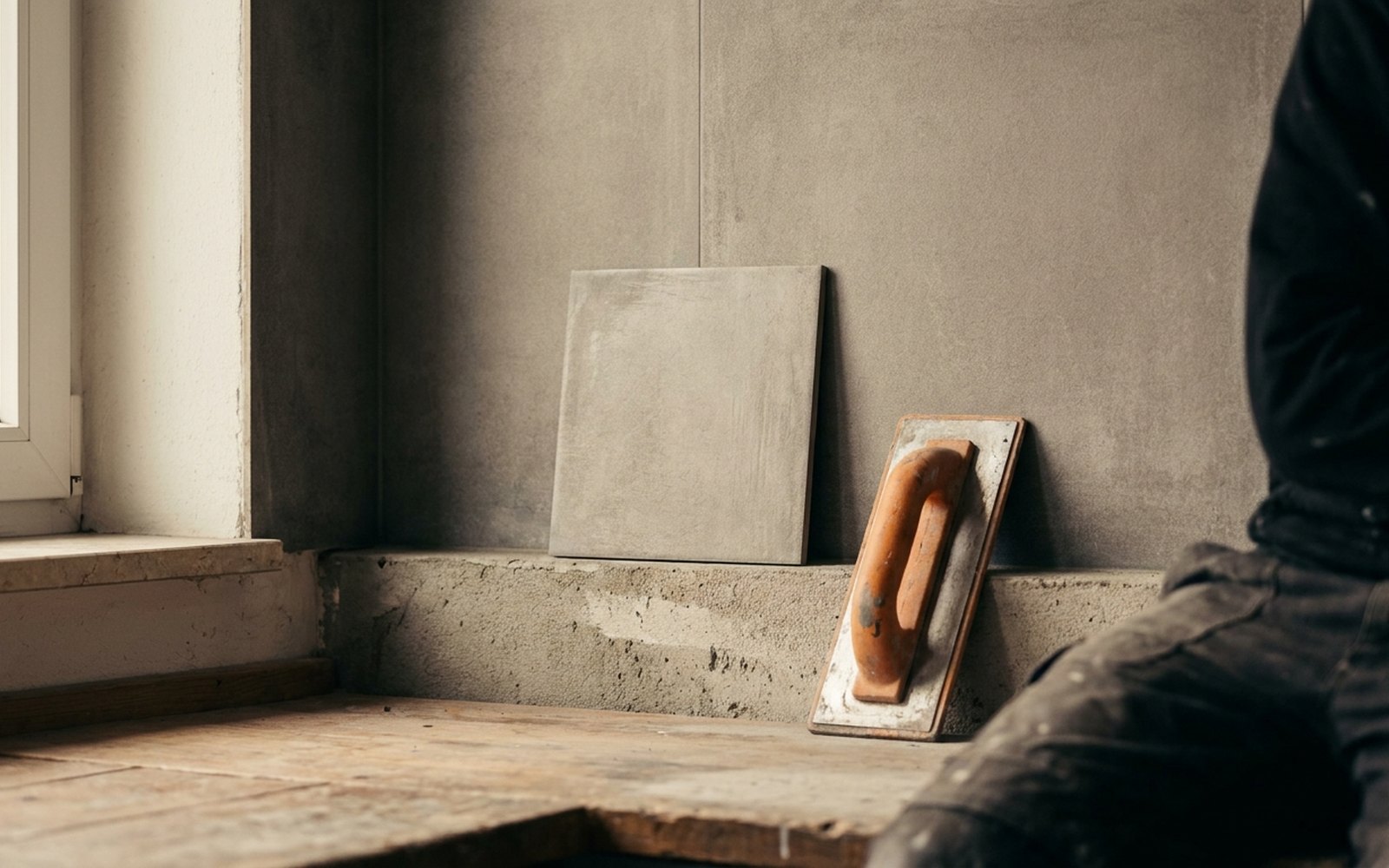 A single slightly protruding tile in a gray tiled wall, an orange grout float leaning below it