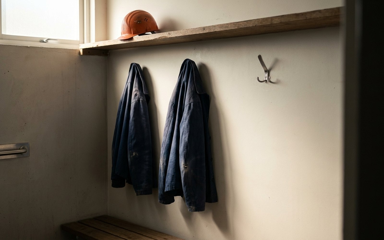 Two work jackets on hooks in a changing room, one hook left empty, an orange helmet above them