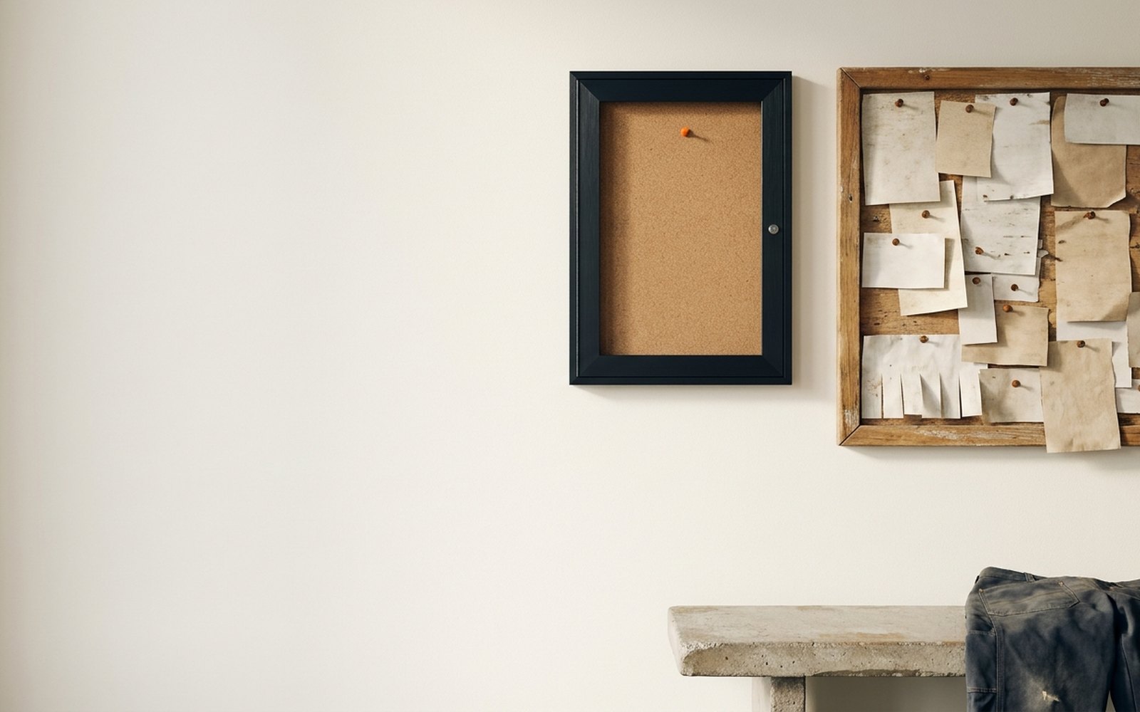Crowded public notice board next to an empty frame on the same wall, an orange pin in the frame
