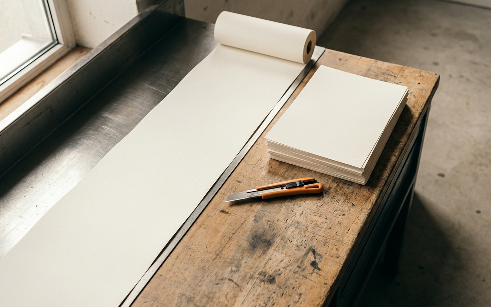 One long unrolled sheet of paper next to a stack of separate sheets, an orange craft knife between them