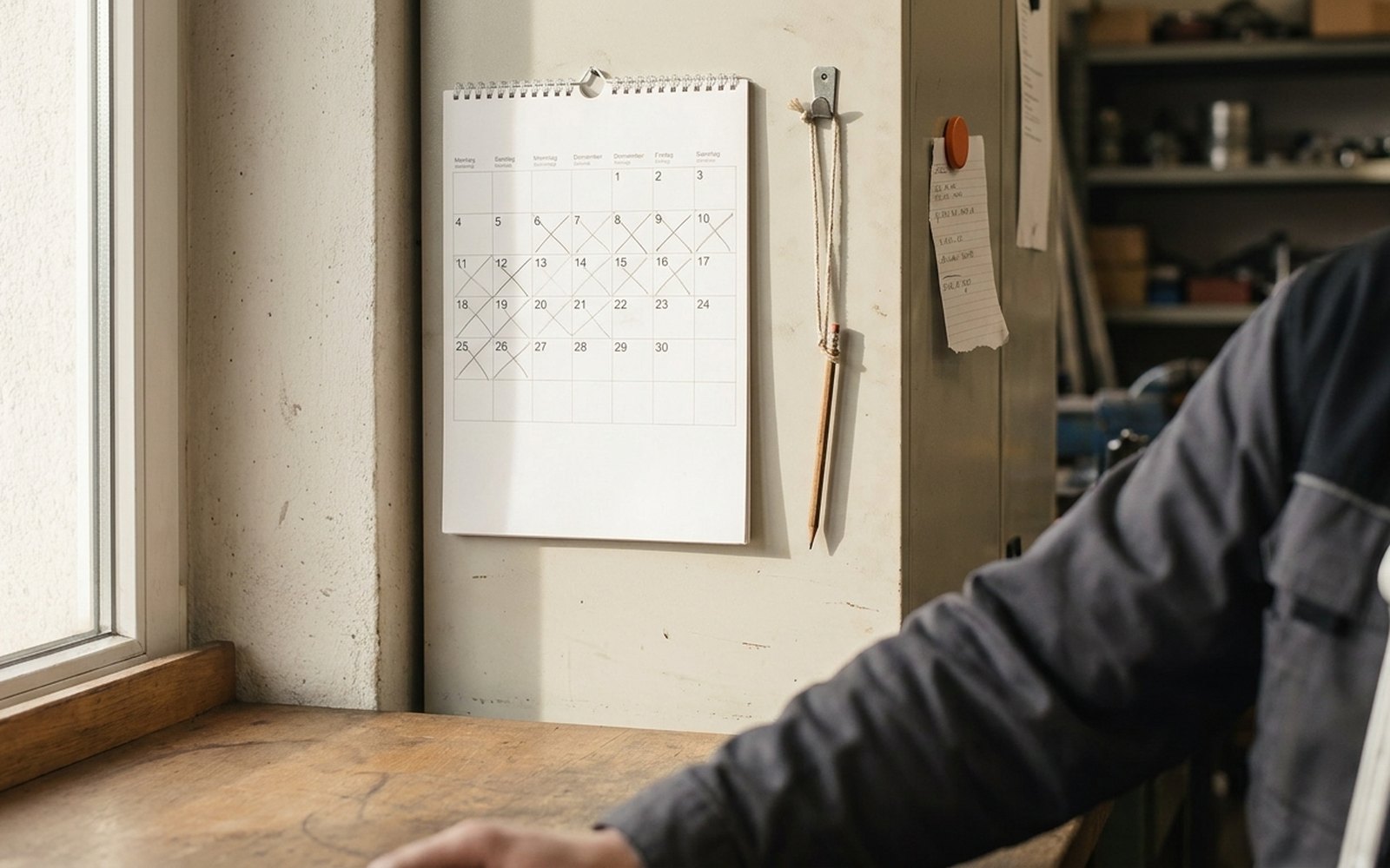 Wall calendar in a workshop office with days blocked out, a pencil on a string beside it