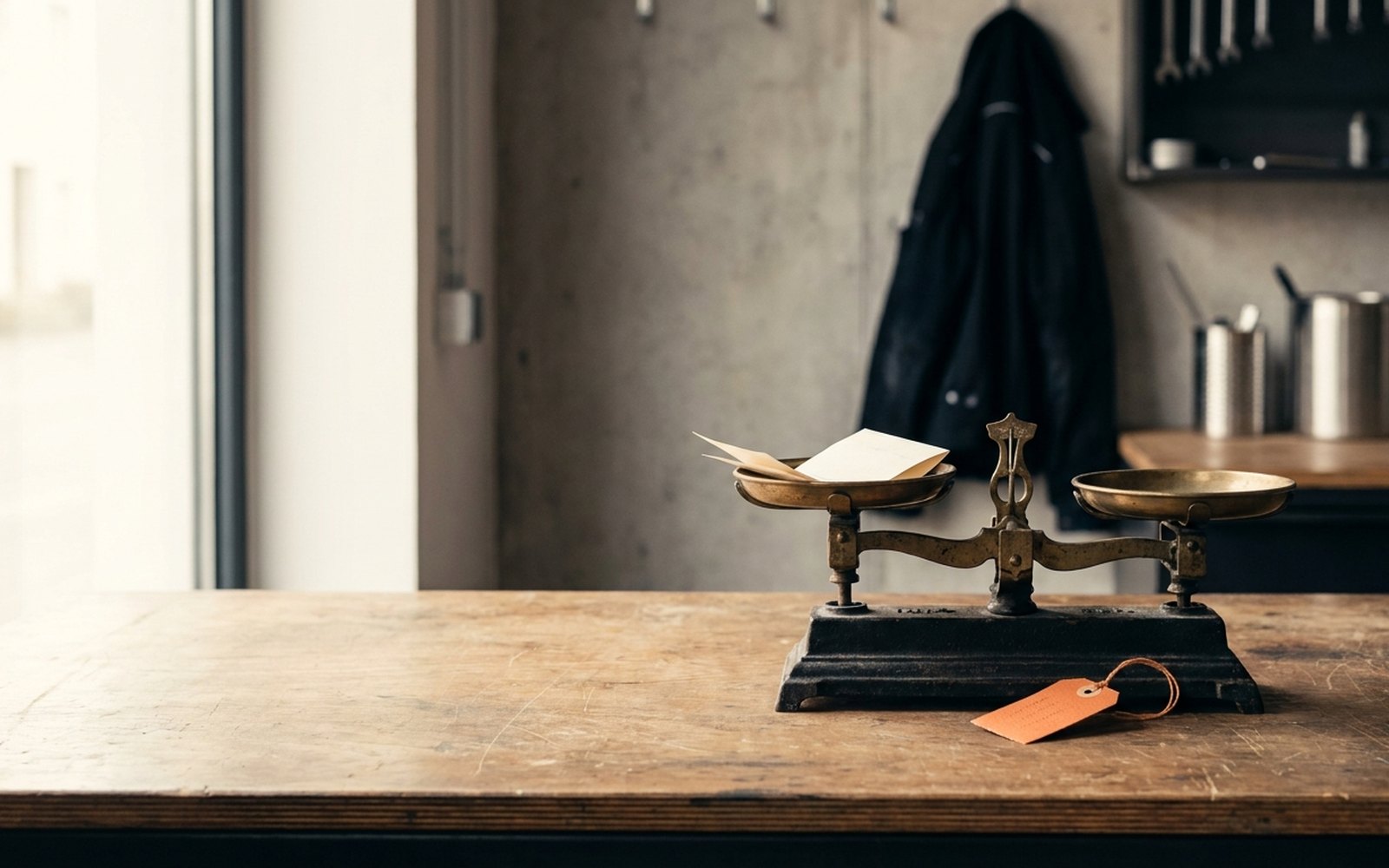 Small brass balance scale on a counter, a folded slip in one pan, an orange price tag beside it