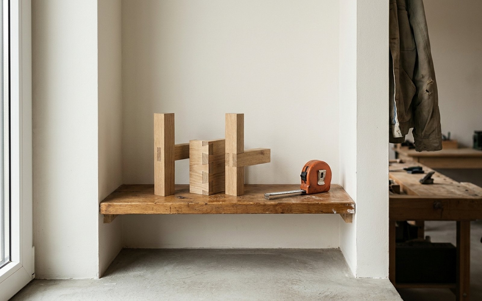 Three finished timber joint samples standing in a row on a shelf in a joinery workshop