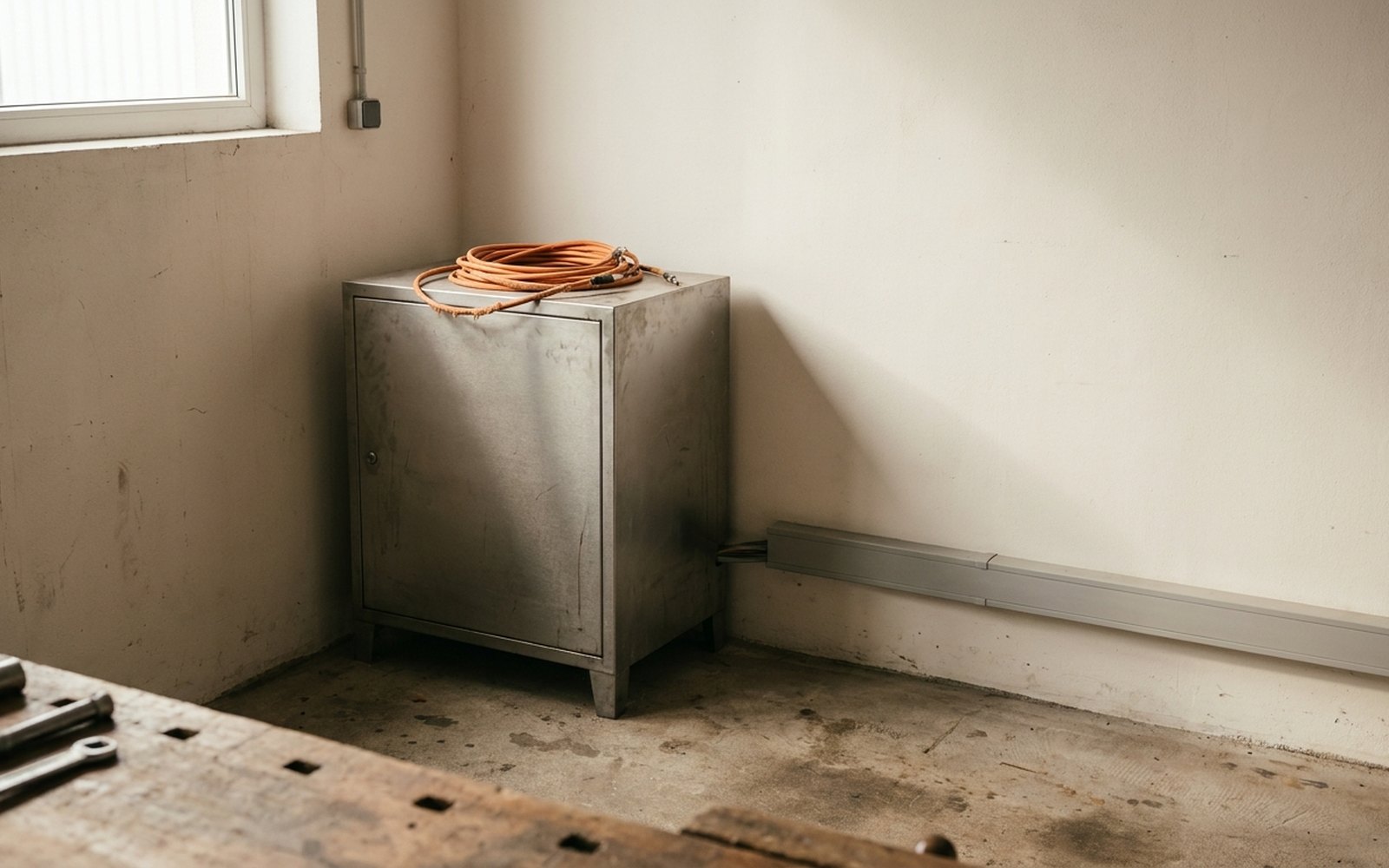Gray equipment cabinet in a utility room, a coiled orange network cable lying on top