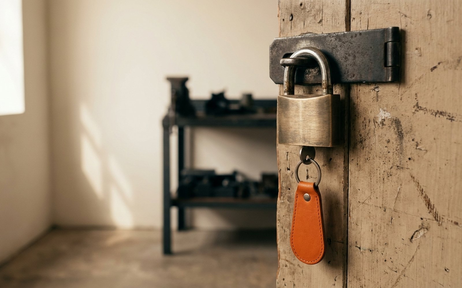 Closed brass padlock on a workshop door, an orange key fob dangling from the lock