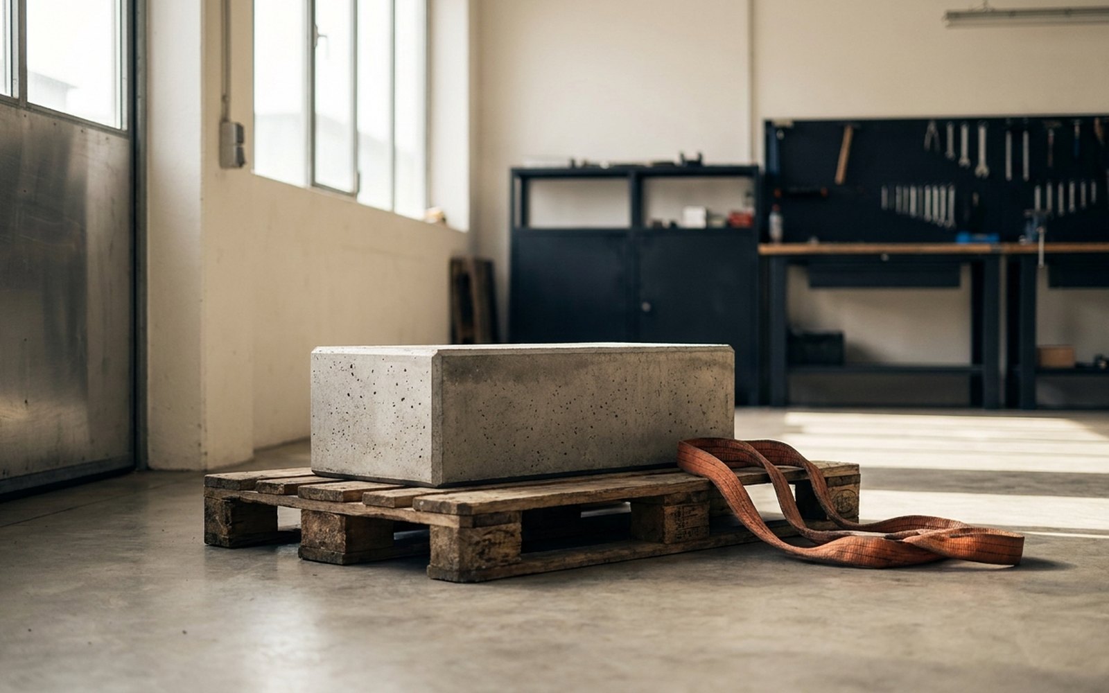 Solid cast concrete block on a pallet in an empty workshop, an orange lifting strap beside it