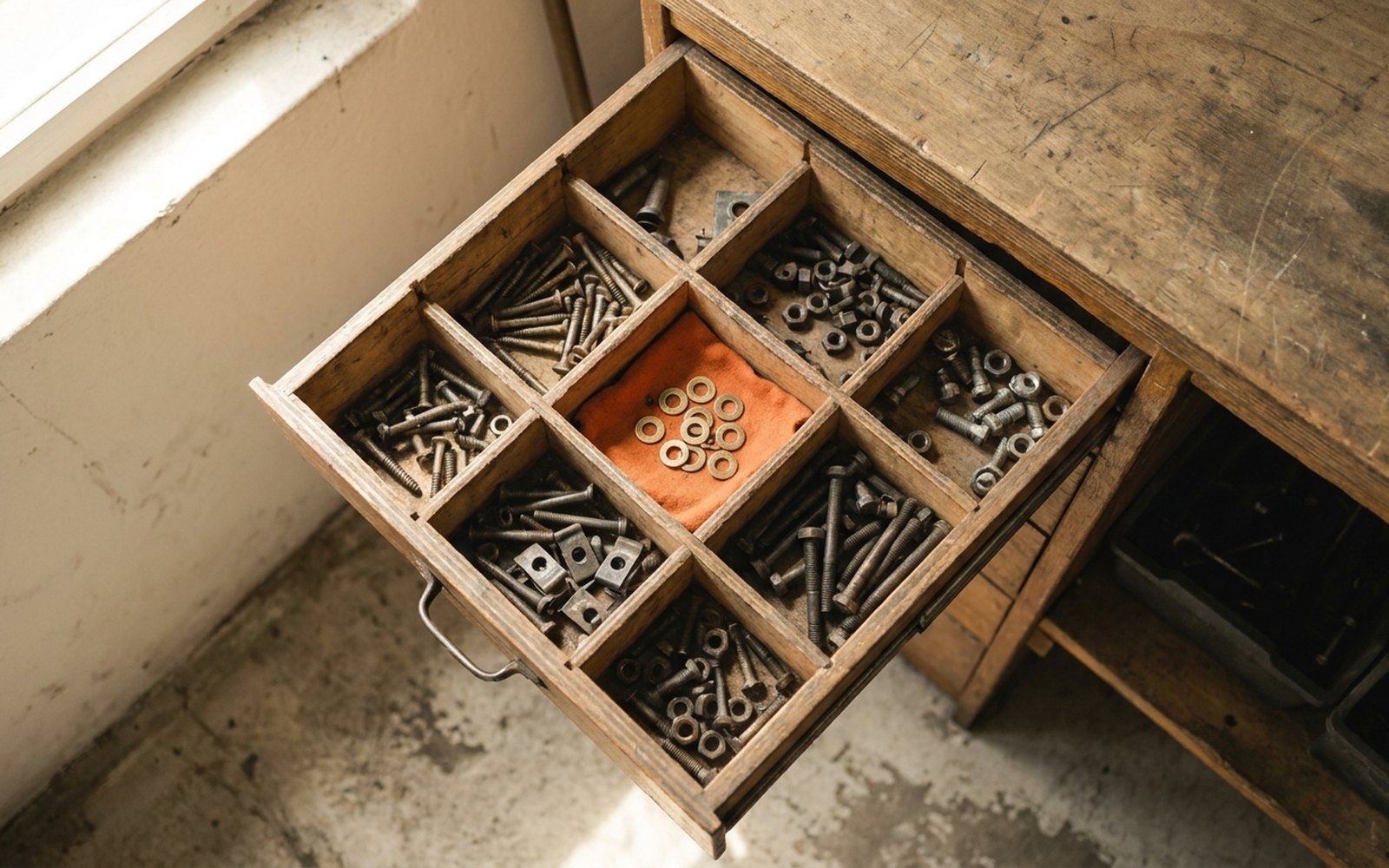 Parts drawer with neatly separated compartments for small fittings, one compartment lined in orange