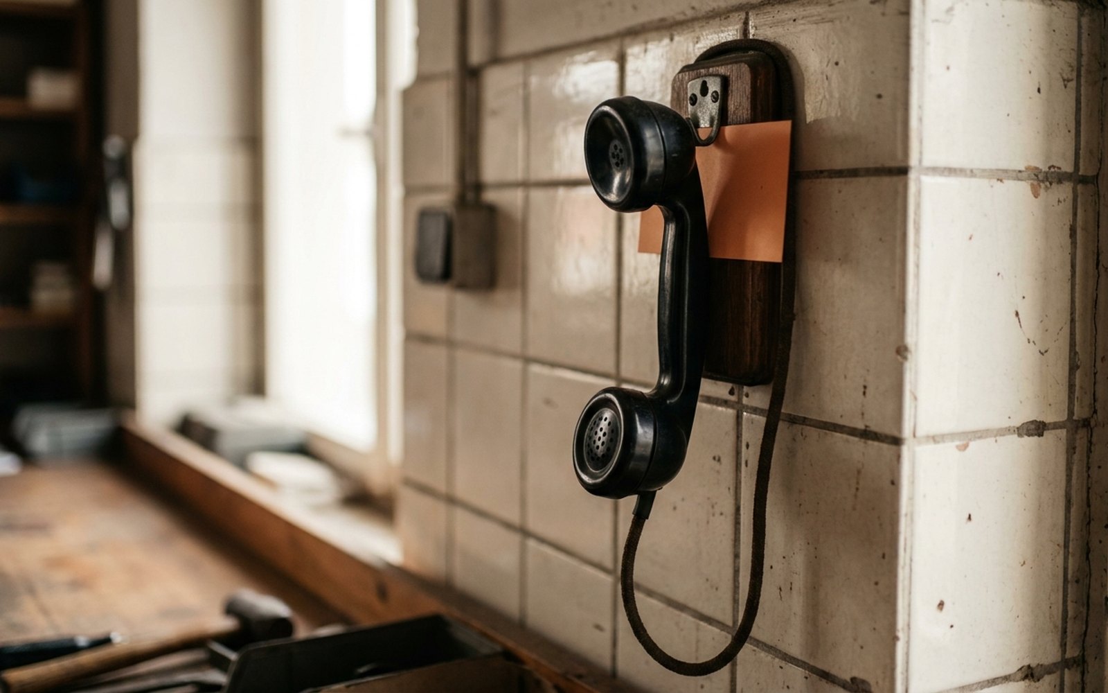 Wall telephone handset hanging by its coiled cord against a tiled wall, an orange note behind the cradle