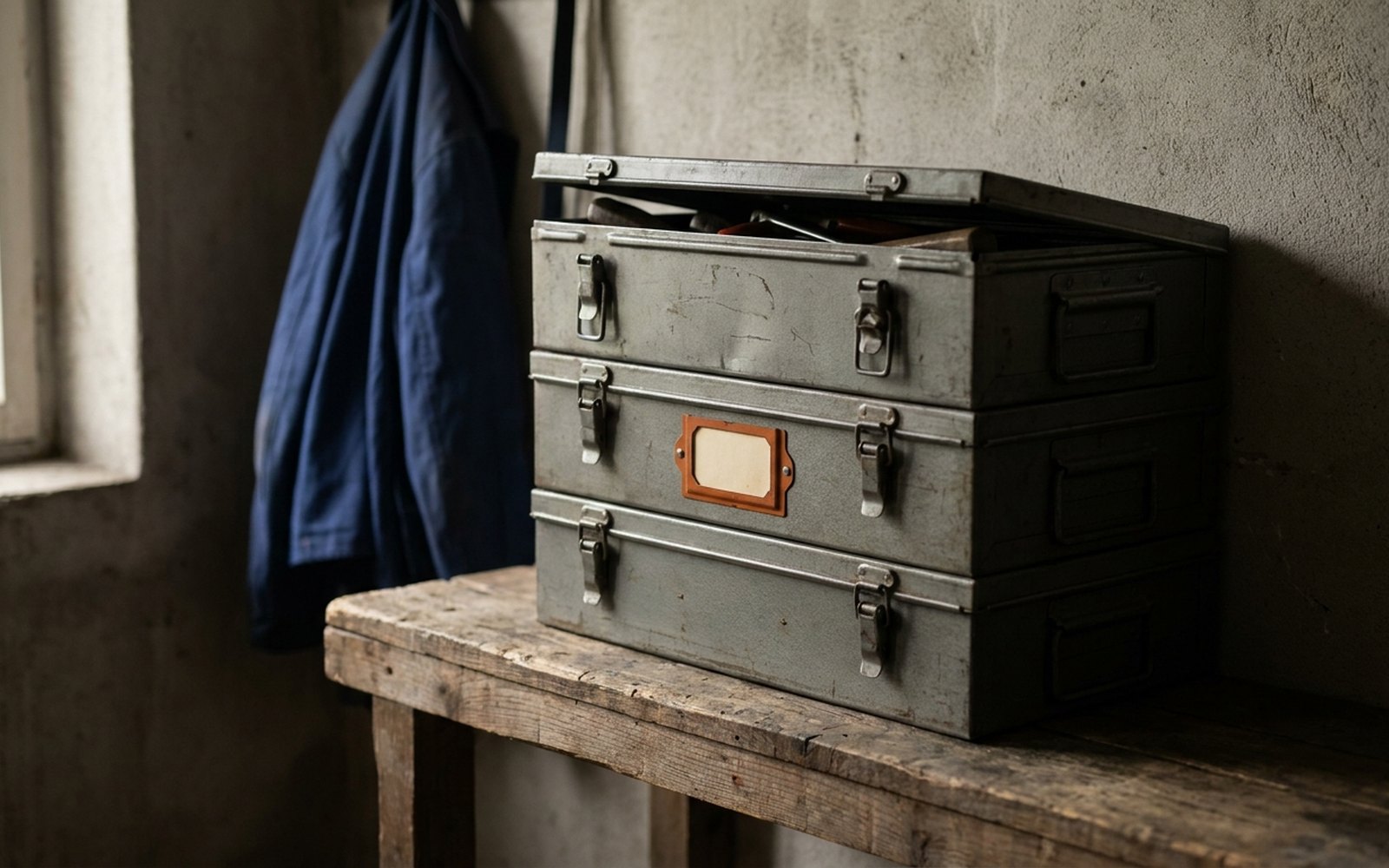 Three gray storage boxes stacked in a store room, an orange label holder on the middle one