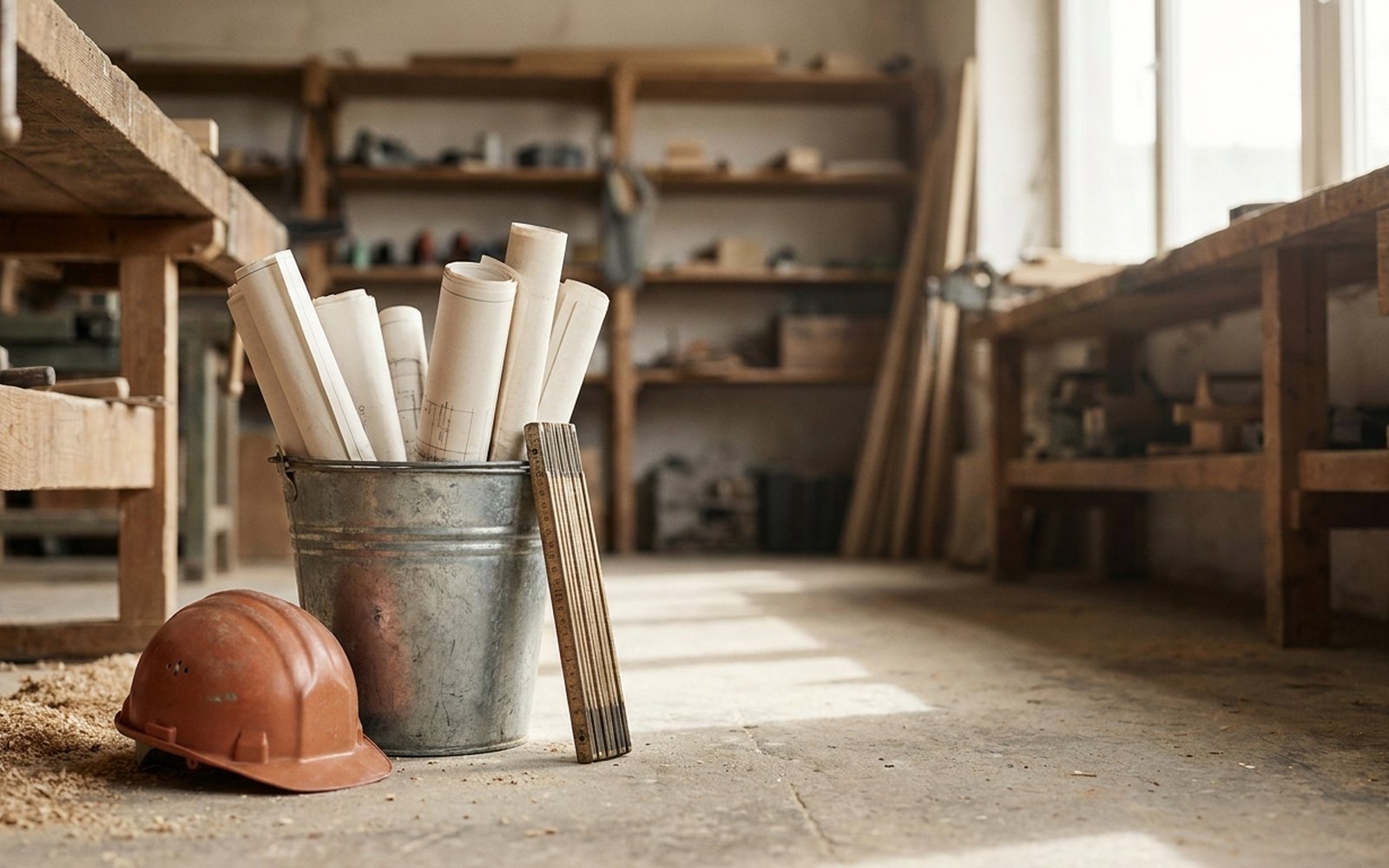 Rolled construction drawings standing in a metal bucket on a workshop floor, a folding rule beside it