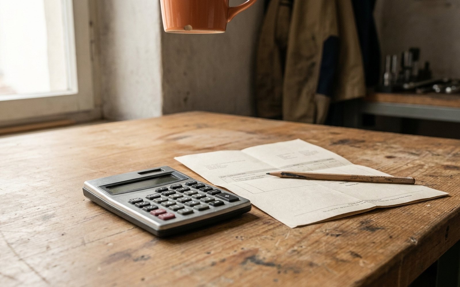 Pocket calculator and a folded invoice on a wooden table, a pencil lying across the invoice