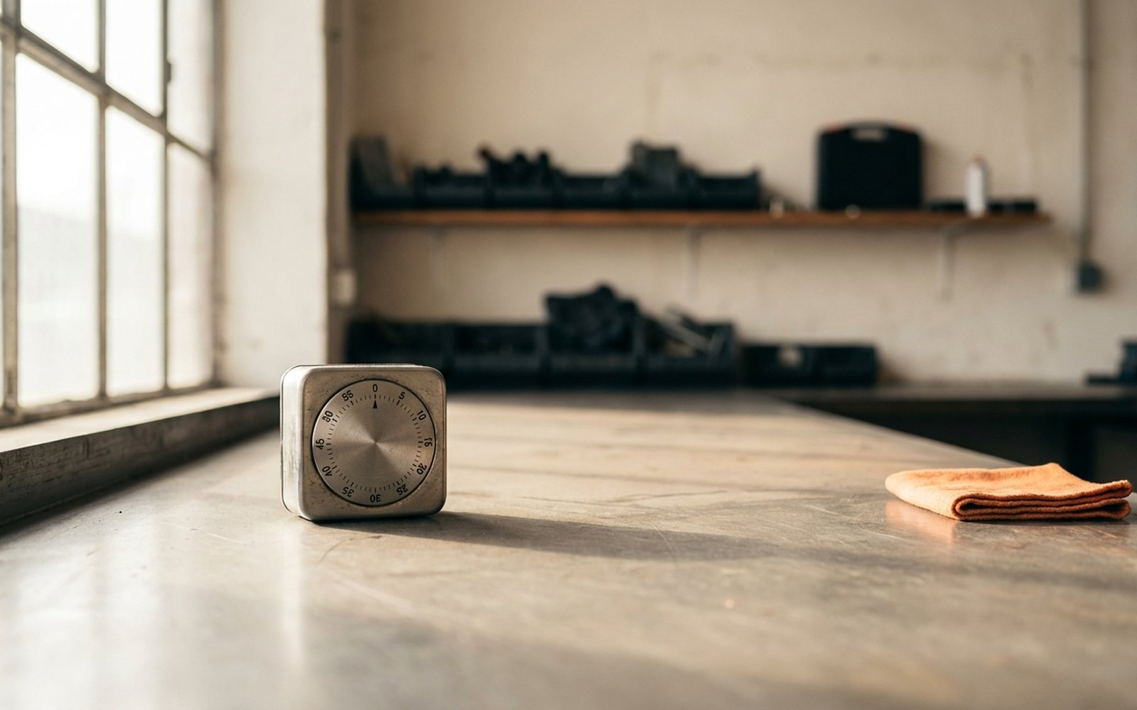 Mechanical kitchen timer on an empty steel counter, a folded orange cloth off to the right