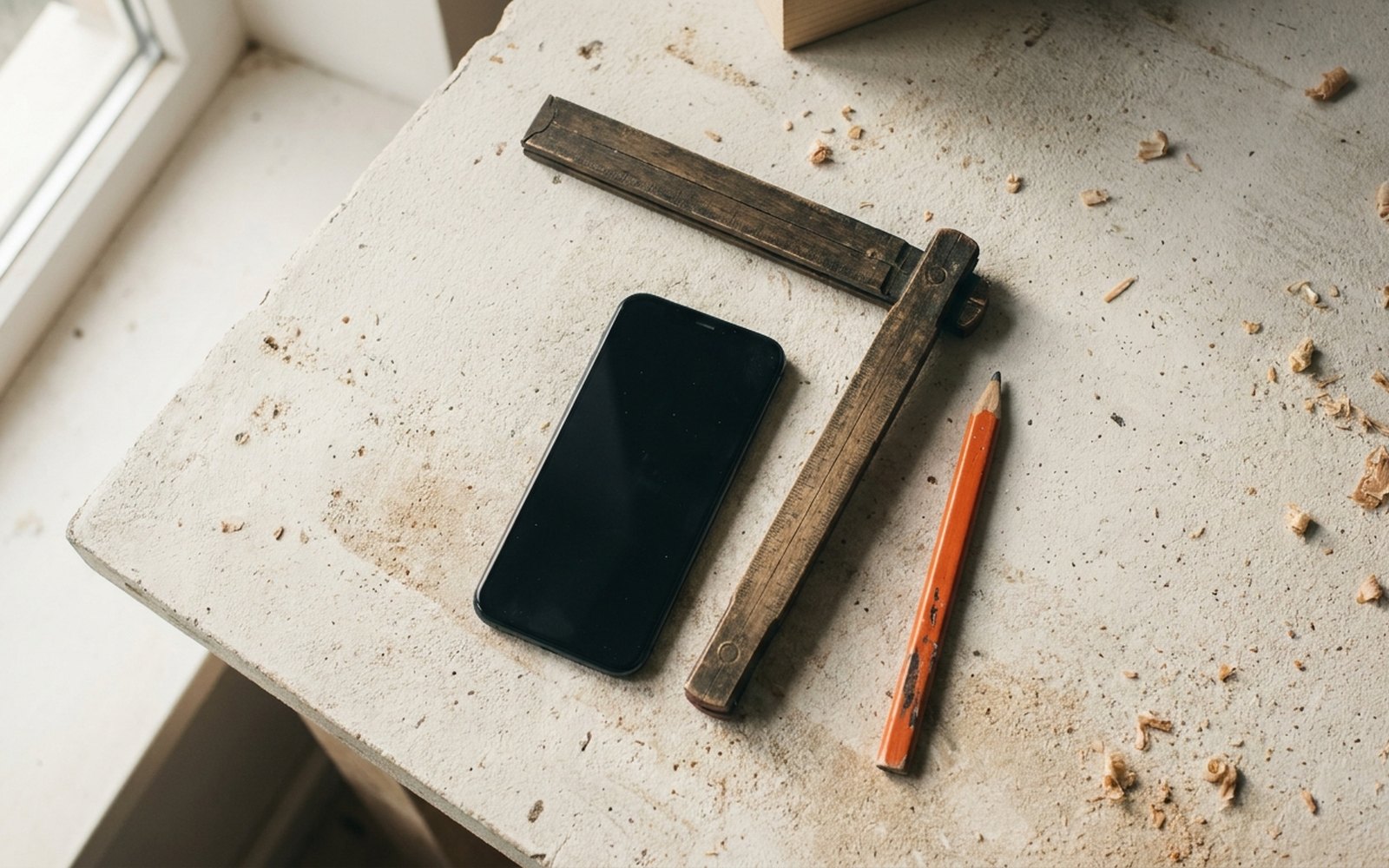 Smartphone lying face down on a workbench next to a folding rule opened to a right angle