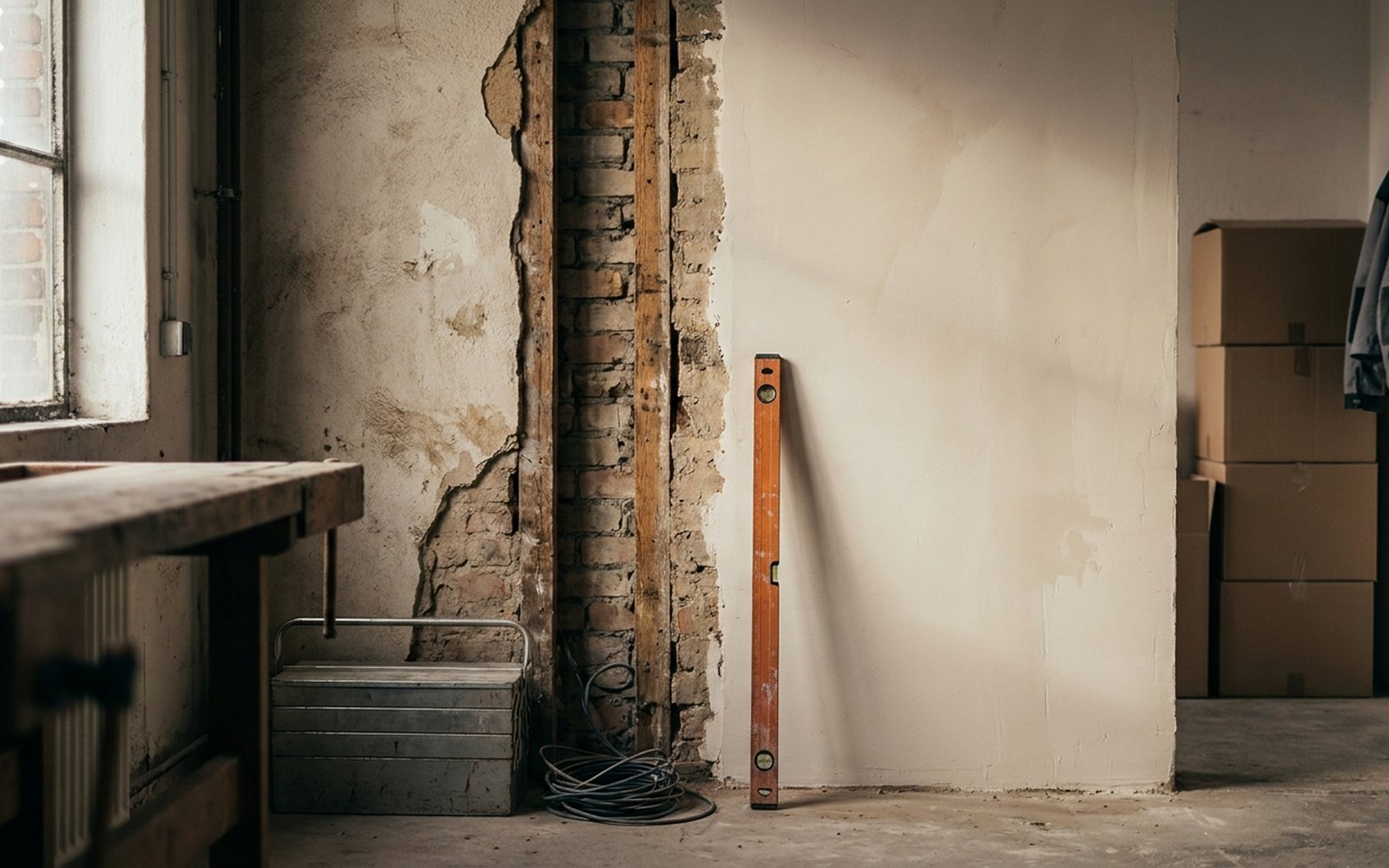 Wall in a commercial space, half stripped and half freshly rendered, an orange spirit level at the join