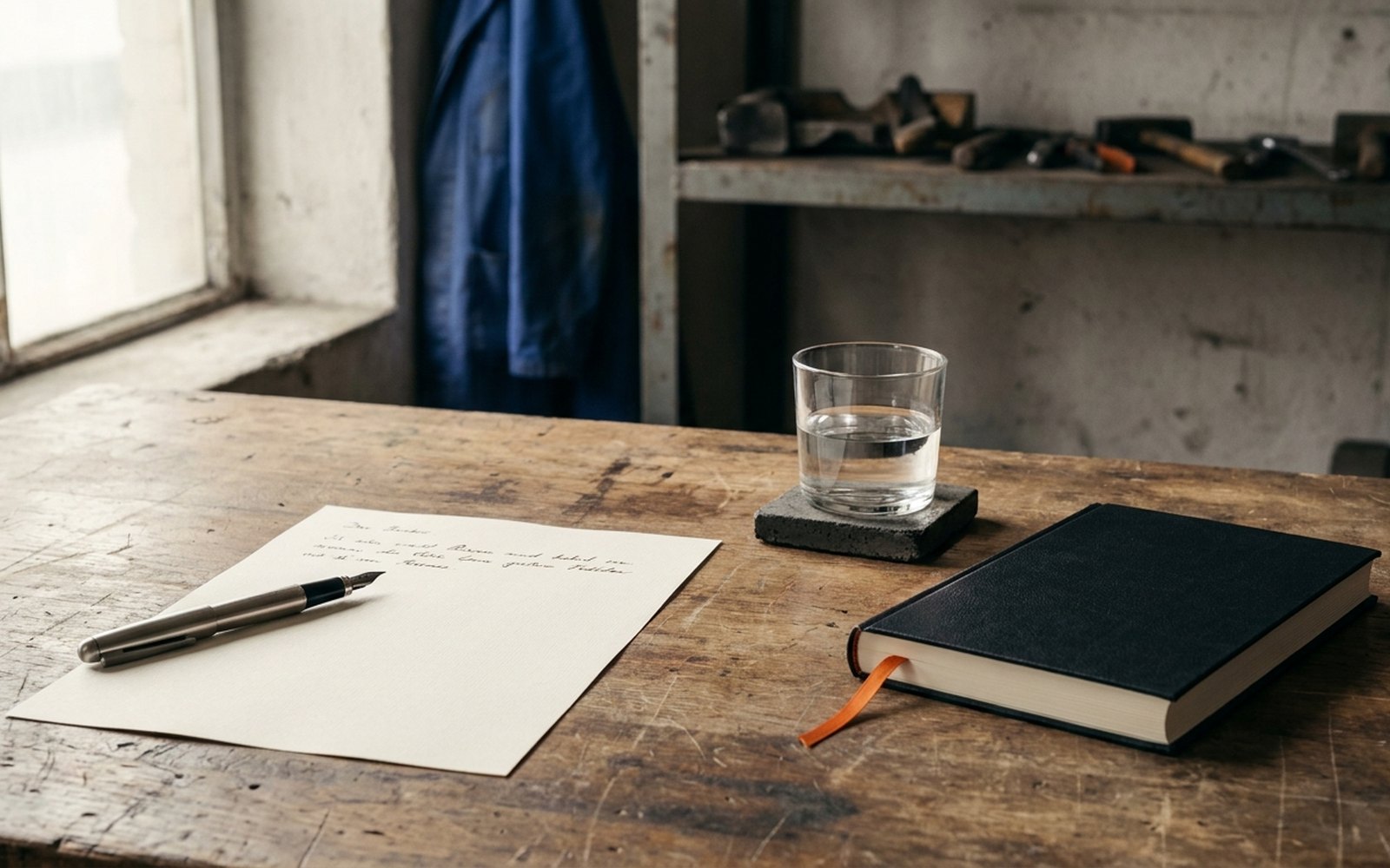 Fountain pen on a half-written sheet of paper on a desk, a glass of water beside it