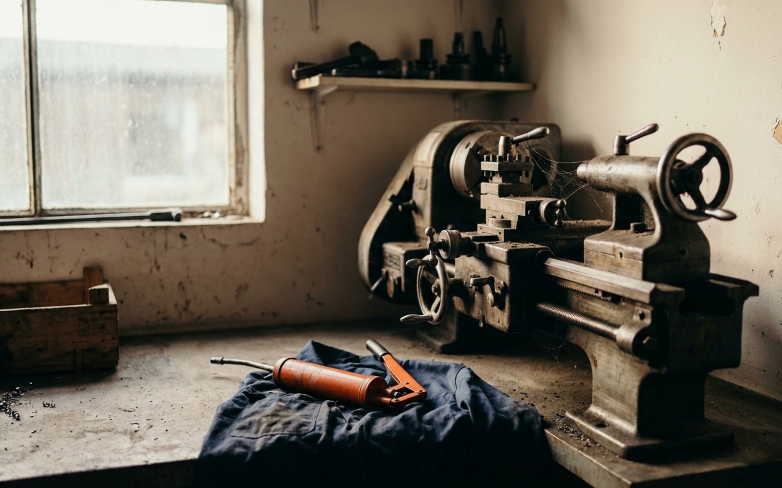 Dusty machine in a workshop corner with a cobweb on its handle, an orange grease gun beside it