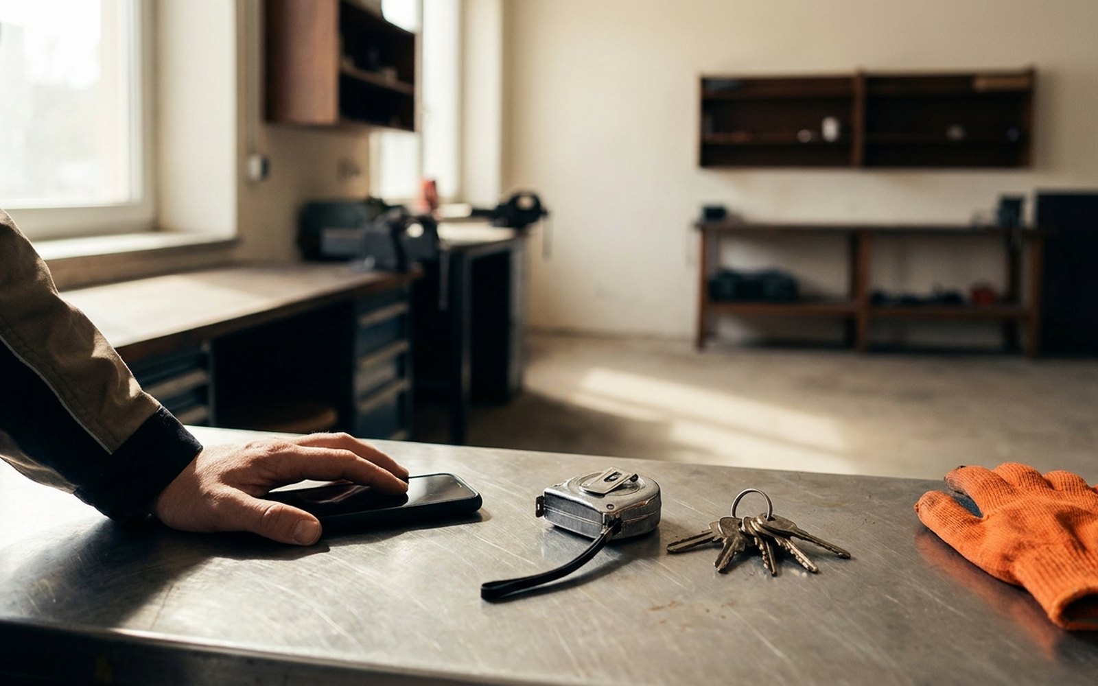 Hand resting on a smartphone on a steel workshop counter, a measuring tape and keys beside it