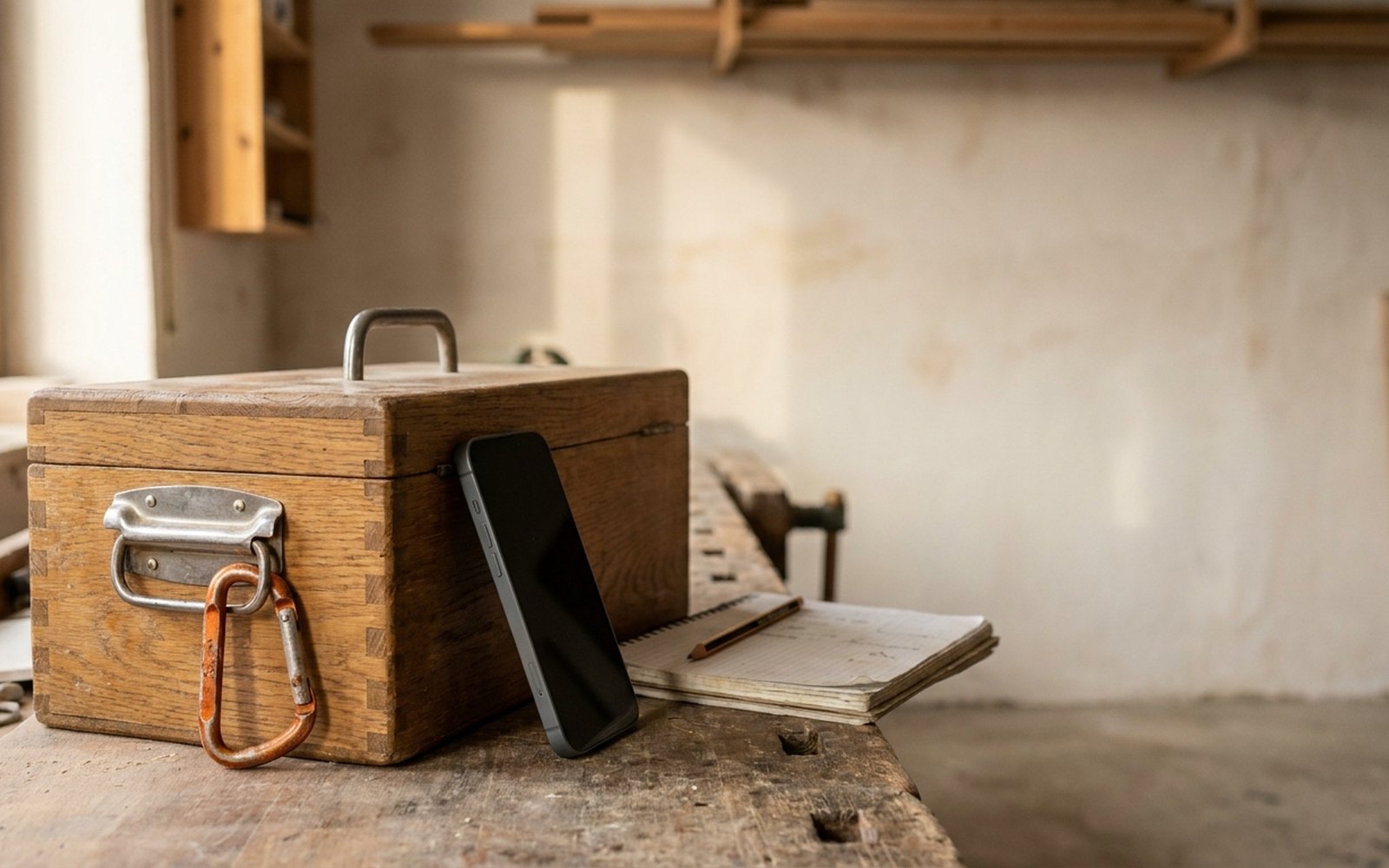 Smartphone propped against a wooden tool box on a workbench, a notepad beside it